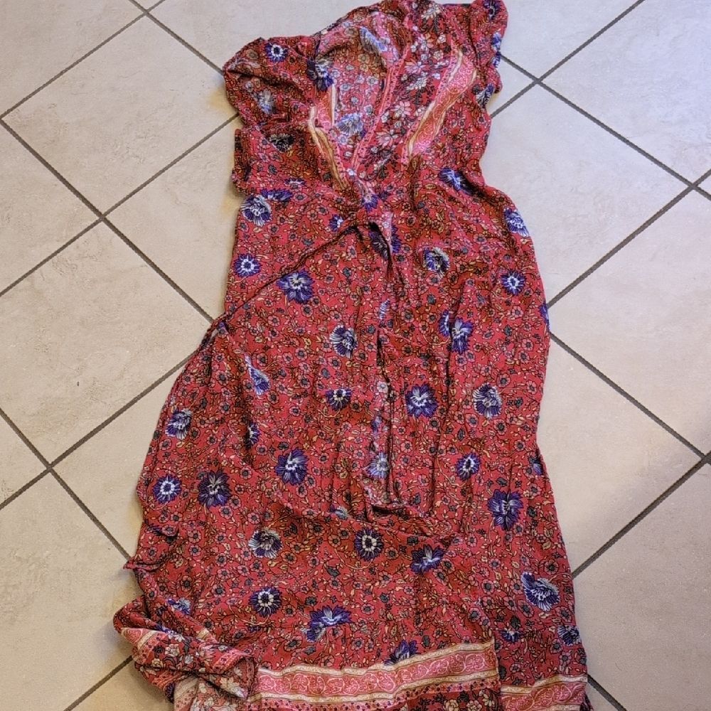 Lot Of 2 Wrap Dresses Maxi Dress Boho Leg Slit Belted Red And Blue XL - Picture 2 of 10
